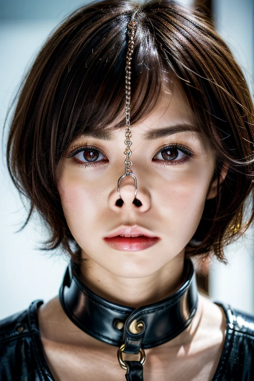 (nsfw:-2), realistic, photo-realistic,masterpiece,best quality,high resolution, extremely detailed, intricate details, (portrait,face focus),solo,1girl,a Japanese woman,(frowning), brown hair,short bob hair,shaggy hair,tied hair, detailed face,detailed eyes,light brown eyes, beautiful pupils,big double eyelid, long eyelashes,pale skin, sweaty,shiny skin, sophisticated nose,realistic nostrils,long and narrow nasal cavity, collarbone,(wearing a revealing blouse, sweetheart neckline, shorts),(nose hook,strap),(metal collar, chained, leashed),