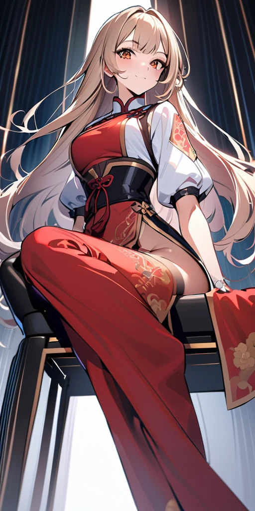 White short haired woman, with yellow eyes, mostrando os peitos, legs open showing pussy, with an angry face and a provocative look, Wearing traditional Chinese imperial clothing in gold and black, with red Hanafuda earrings, with a short red skirt. On your knees in a hotel room bed, with a sunset in the window in the background.