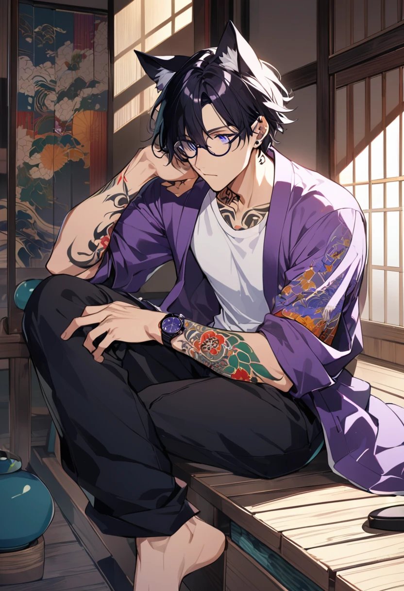 1man, short black hair, cat ears, bright blueviolet eyes, wearing a purple casual jacket, wearing a white undershirt, wearing black pants, wearing a vintage blueviolet watch, wearing round big black glasses japanese style tattoos, colorfull tattoos, tattoos all over the arms, resting head with hand