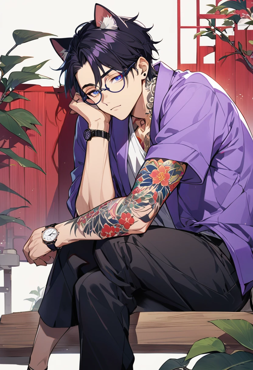 1man, short black hair, cat ears, bright blueviolet eyes, wearing a purple casual jacket, wearing a white undershirt, wearing black pants, wearing a vintage blueviolet watch, wearing round big black glasses japanese style tattoos, colorfull tattoos, tattoos all over the arms, resting head with hand
