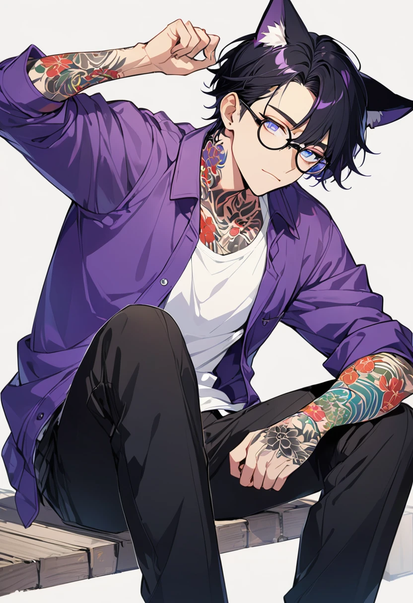 1man, short black hair, cat ears, bright blueviolet eyes, wearing a purple casual jacket, wearing a white undershirt, wearing black pants, wearing a vintage blueviolet watch, wearing round big black glasses japanese style tattoos, colorfull tattoos, tattoos all over the arms, resting head with hand