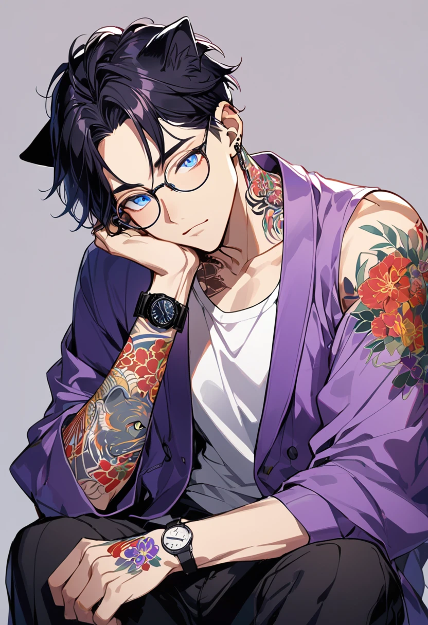1man, short black hair, cat ears, bright blueviolet eyes, wearing a purple casual jacket, wearing a white undershirt, wearing black pants, wearing a vintage blueviolet watch, wearing round big black glasses japanese style tattoos, colorfull tattoos, tattoos all over the arms, resting head with hand