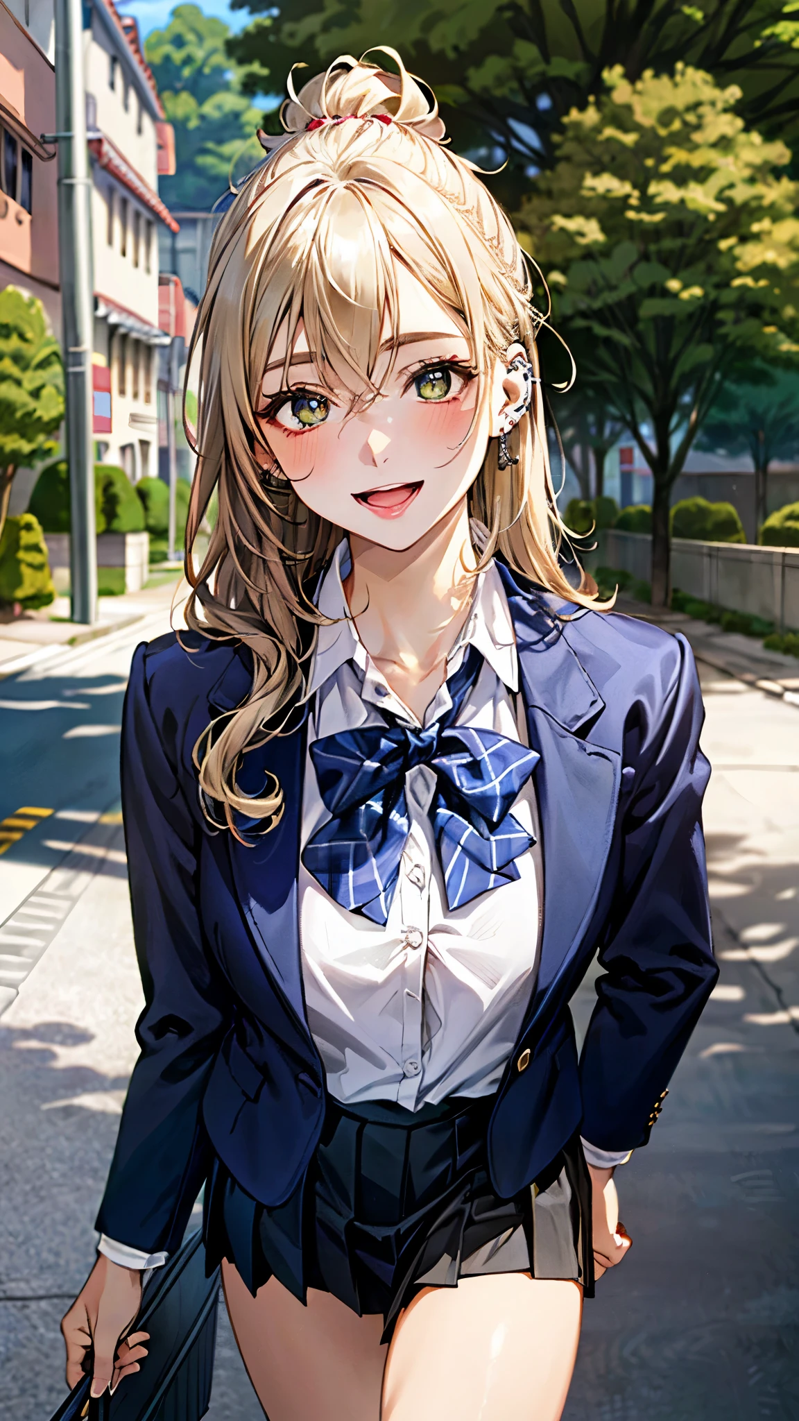 (masterpiece:1.3, top-quality, ultra high res, ultra detailed), (realistic, photorealistic:1.4), beautiful illustration, perfect lighting, colorful, depth of fields,
beautiful detailed hair, beautiful detailed face, beautiful detailed eyes, beautiful clavicle, beautiful body, beautiful chest, beautiful thigh, beautiful legs, beautiful fingers,
looking at viewer, 1 girl, japanese, high school girl, perfect face, (perfect anatomy, anatomically correct), cute and symmetrical face, face, , shiny skin,
(middle hair:1.5, topknot, loose hair, blonde hair), hair between eyes, dark green eyes, drooping eyes, big eyes, long eye lasher, (medium breasts), slender,
((navy blazer, collared white shirt, navt pleated skirt)), dark red bow tie, piercing, hair scrunchie,
(beautiful scenery), evening, (tree-lined street), walking, (lovely smile, upper eyes, open mouth),
