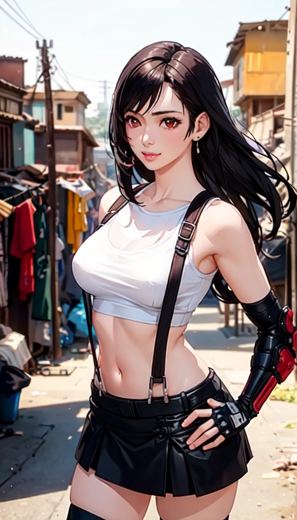 (best quality, masterpiece:1.4), (ultra high resolution:1.4), 8k illustration, extremely detailed, 3D, (realistic:1.45), (photo realistic:1.47), soft focus, blurry background, a Japanese woman, 7rtifa, incredible beautiful woman, extremely delicate and beautiful woman, solo, cute and pretty face, elegant, gentle, neat, red eyes, puffy lips, low-tied long hair, medium breasts, clear and fair skin, perfect figure, earrings, white crop top, suspenders, pleated miniskirt, black thighhighs, arm guards, elbow gloves, fingerless gloves, standing, both hands on hips, gentle smile, (in the slum:1.3), (cowboy shot), (shot from diagonally front),