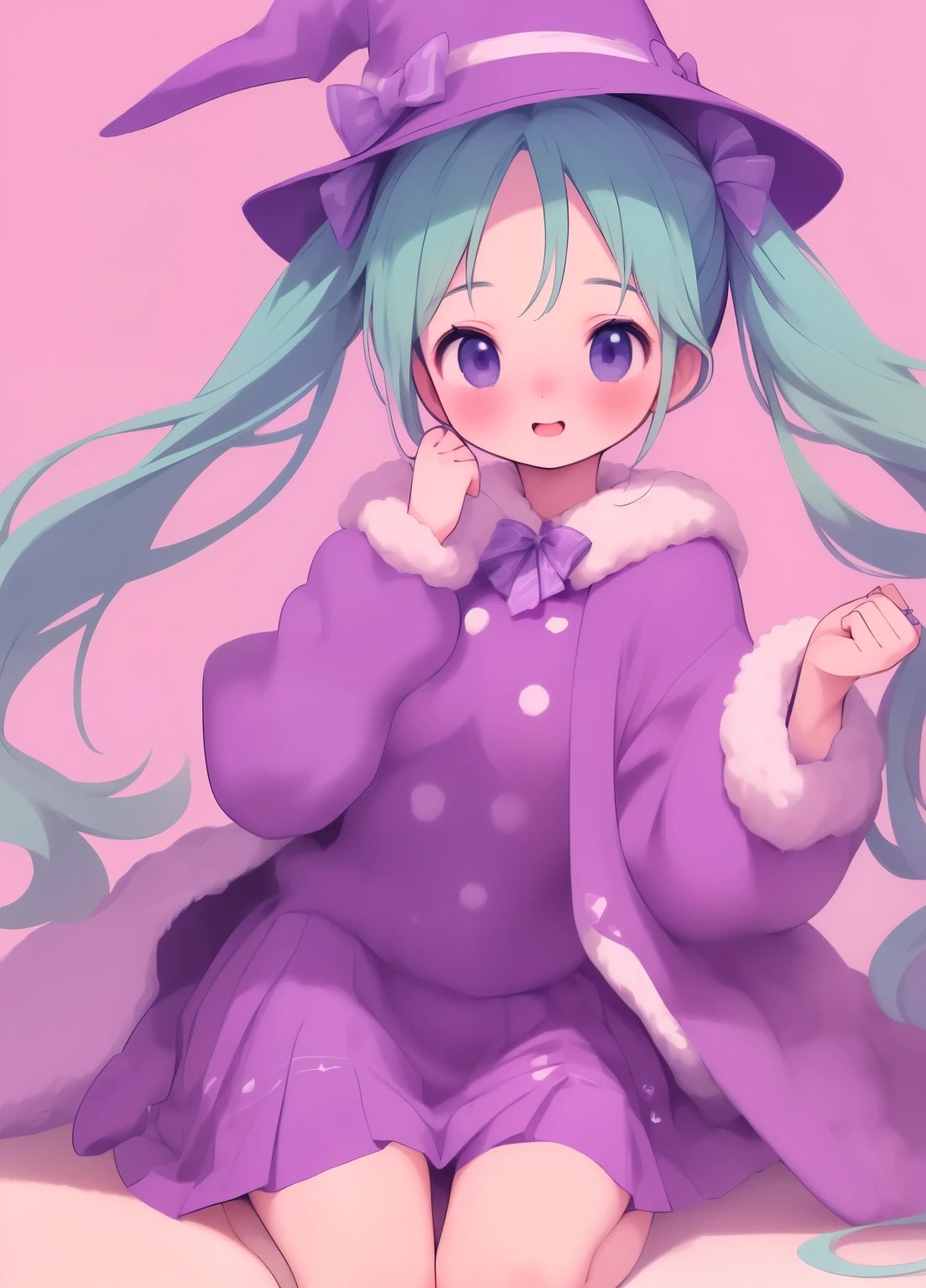 (masterpiece、Highest quality、Highest quality、Official Art、Beautiful and beautiful:1.2)、(One girl:1.3)Hatsune Miku、Twin tails,Beautiful breasts,Highest quality、One Girl、Whole Body Ezbian、Baby Face、Laughing with your mouth open、Cool、Cute eyes、Bunny ears、Purple Wizard Clothes、huge 、purple wizard hat、flare skirt