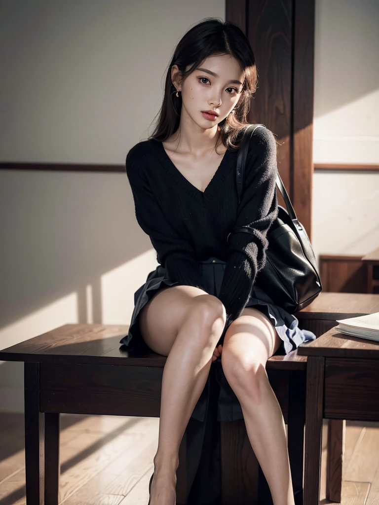absurdres, RAW photo, extremely delicate and beautiful, masterpiece, Best Quality, ultra high resolution, 32k, hyperrealistic, ultra-detailed, perfect anatomy, super Detailed skin, perfect figure, Super Beauty, Perfect Style, Perfect balance, Beautiful Lighting, Perfect Lightning, Realistic Shadows, 20 years old, very Slim body, narrow waist, very small head, very small face, delicate facial features, handsome detailed woman, very detailed eyes and face, realistic face proportions, Realistic beautiful face, Realistic beautiful eyes, tearful mole, earring, very huge round breasts, medium hair, asymmetrical hair, (full body shot:1.2), indoor, short skirt, (school_uniform:1.2), bare legs,