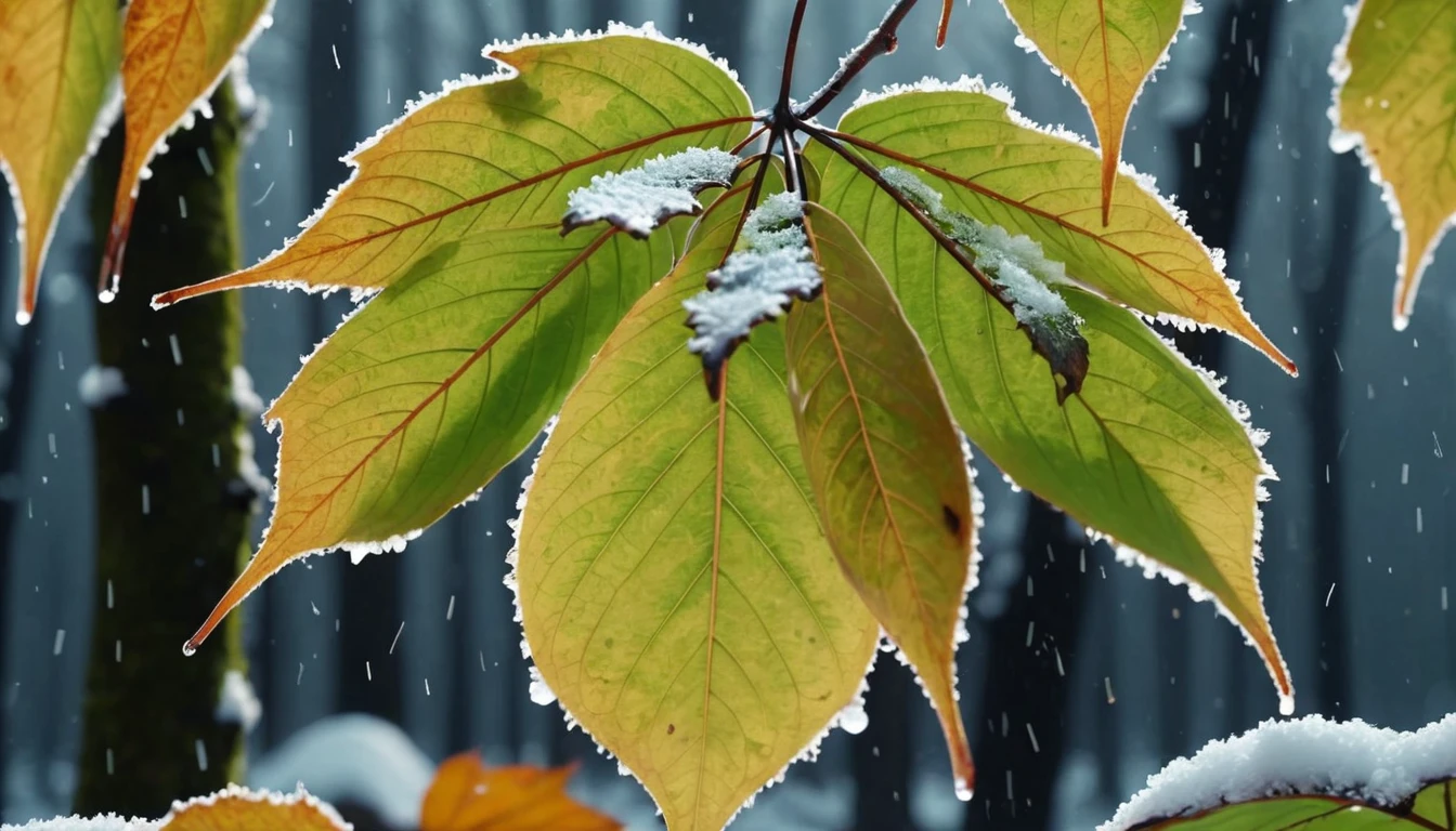 (light green leaves),(winter leaves), (half withered),(late night),magical round leaves leaves falling, snow is falling thinly,nature documentry footage, youtube video screenshot, today's featured photography 4k, autumn rain turkel, nature photography 4k, november, cinematic widescreen shot, leaves and magic, high quality screenshot, 2 0 2 1 cinematic 4 k framegrab, wide screenshot