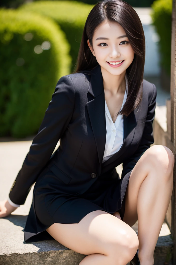 Pure Japanese young girl, outstanding body, beautiful legs, wearing formal jackets and blouse and skirts, high heels, vivid makeup and lips, thick eyebrows, formal black hair styles, sweet smile, sexual attractive, professional portrait photography, sitting in summer sunlight,