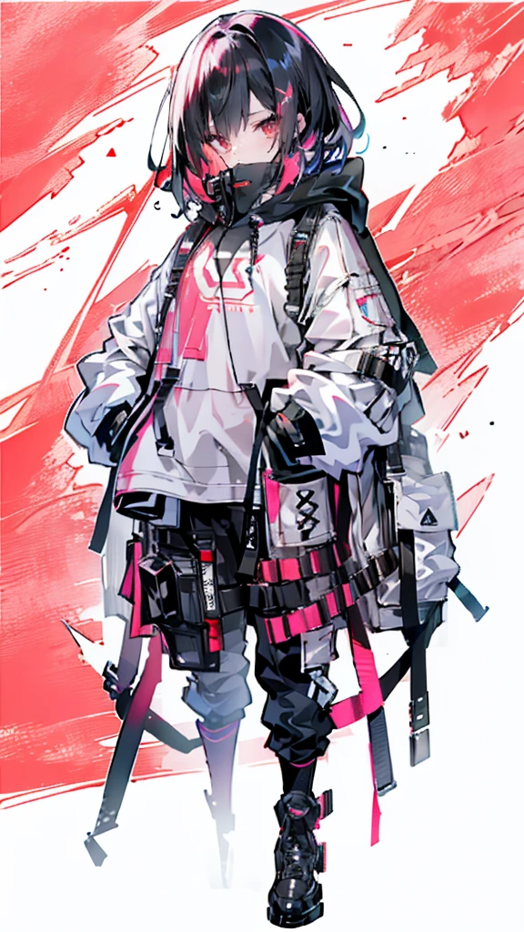 1 girl with red hair, pink eyes, cyberpunk style, hand in pocket, hoodie, pink starry background, black high heels