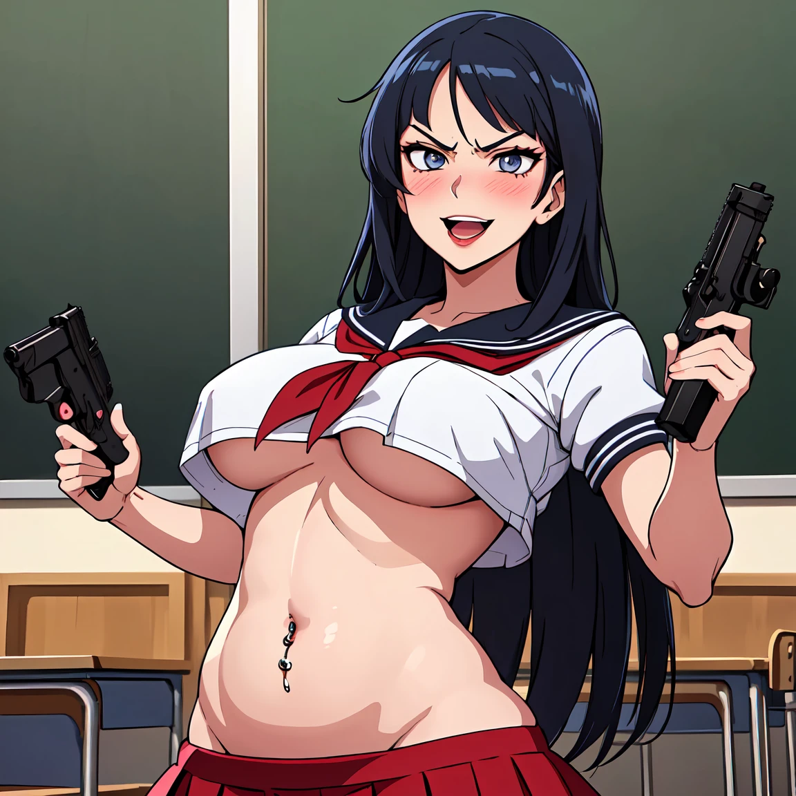 2girl, two girls, (shoujo-style), ((detailed hair, detailed eyelashes, banganhwa-scenery, blush, large breasts, long hair, , ((perfect face)), (Mature Face:1.4), (beautiful face:1.15), detailed eyeasterpiece), (highest quality), best quality, highres, 8K, extremely detailed, Digital Art, (Hyper-Detailed Background:1.2), (realistic background), (intricate details), award-winning, hyper-detailed, (illustration:1.1),
(cinematic lighting), soft lighting, lipstick, blush, Hot girls, baddie, staring, glaring, bad attitude, mean girl, dare, angry, hate, crazy, smoking, sensual, attractive, masterpiece, best quality, highly detailed, a anime girls in sailor uniforms with a gun posing for a picture,
evil smile, smile, open mouth,black_serafuku, ecchi anime style, anime girls , (nsfw) not safe for work,
ecchi style, ecchi, shipgirls, digital anime art!!, high school girls, holding a gun, hold a gun, anime style 4
k, micro skirt, exposed belly, exposed navel, exposed midriff, holding pistol,
exposed lower belly,school, classroom, navel piercing