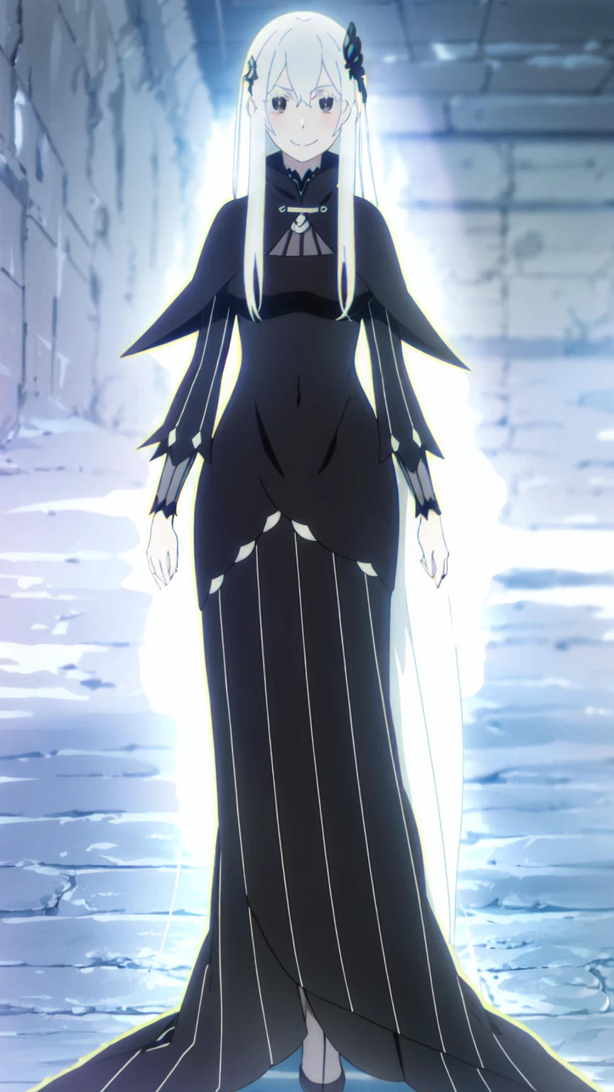 (masterpiece:1.2, Highest quality), 1 girl, alone, Black Micromani Dress, ( Large Breasts, View your viewers, smile, Side Lock, Long white hair, hair ornaments, [belly button], Full body long sleeves, （Black lace micro mini dress 1.4)Are standing、(half:1.3), Wide Hips, Thick thighs, (Thigh Gap:1.2), Big Ass,High heels、