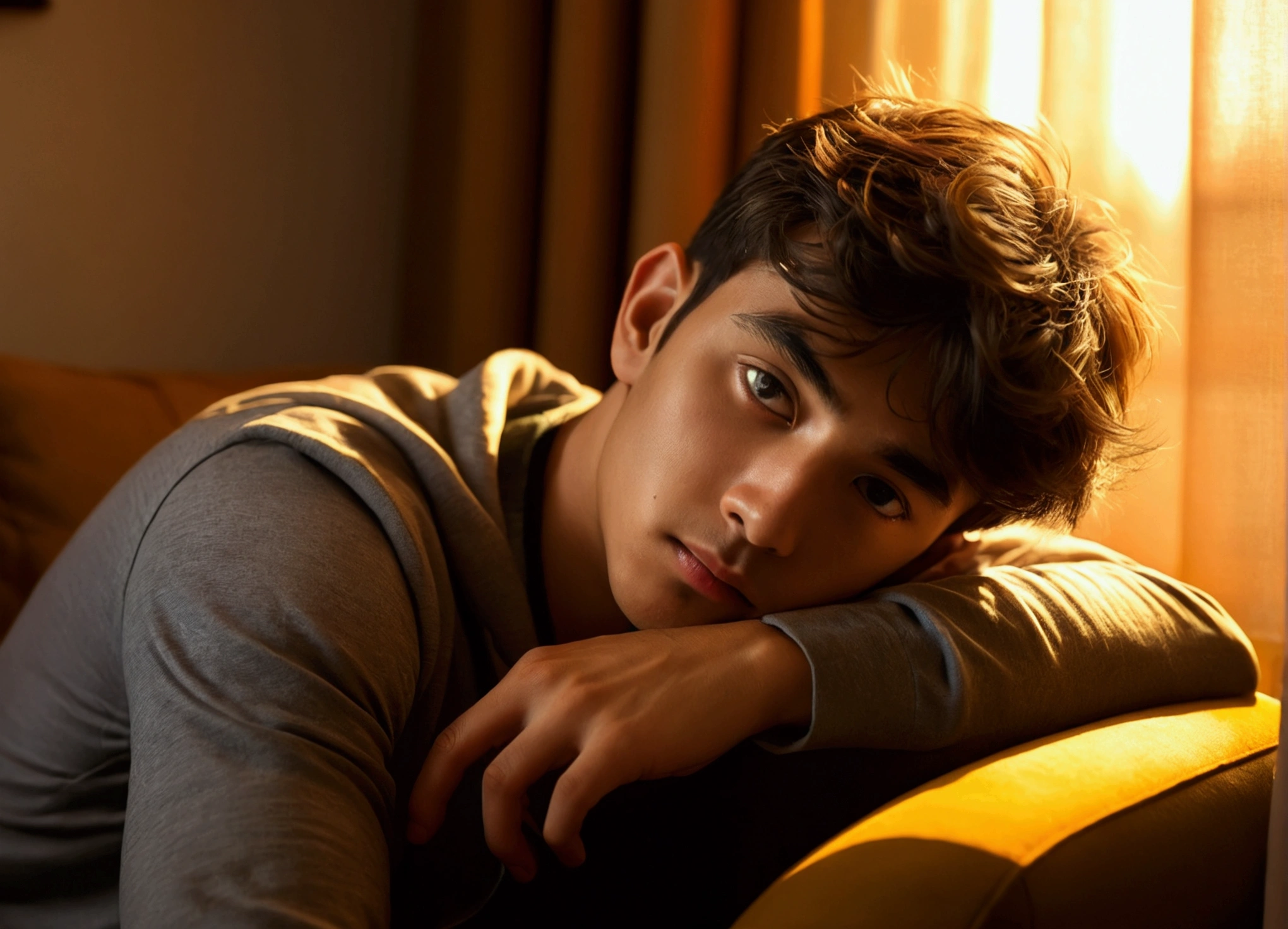 Dimly closed room，On the sofa in the living room, a 23-year-old boy curled up on the sofa and fell asleep peacefully，Through the curtains, a ray of golden rays of the afterglow of the sunset shone straight on his face, and the picture was very warm，high high quality, Clear focus (mess - house: 0.8), (tmasterpiece: 1.2) (realisticlying: 1.2) (Bokeh) (best qualityer) (Detailed skins: 1.3) (intricately details) (8K) (eye detailed) (foco nítido), (having fun) (a variety of poses) desenho