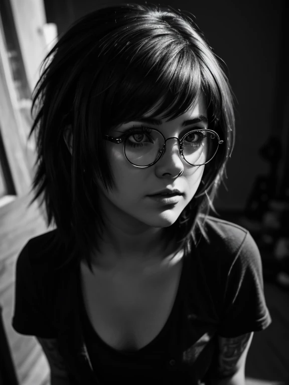 Raw monochrome photo, subject, (very detailed skin:1.2), contract for 8 thousand., SLR camera, soft lighting, high quality, detailing, Fujifilm XT3 monochrome film, masterpiece,Best quality,Ультра подробный masterpiece, Photography for documents, 1 charming chubby girl with glasses, 22 years old, with aesthetic small breasts, split, Waist-high photography, medium shot, long shot,(((punk hairstyle))), realistic very tousled dark brown tousled hair, beautiful full sensual lips, реалистичные выразительные тёмно-Brown eyes, (((realistic glasses with distorting lenses))), stylish shirt on a naked body, clear sharp focus, twilight, ambient light of a photo studio,Shadow on the face, reflection in Очки lenses, eye reflection, detailed eyes,Brown eyes,beautiful eyes,detailed face,real realistic skin,chiaroscuro, (high contrast):1.2, Dramatic shadows, Bold text, moody atmosphere, a lot of background, wide background frame, many small environmental details, Meticulously drawn background, Thrilling Intensity, expressive writing style, Black and white photography