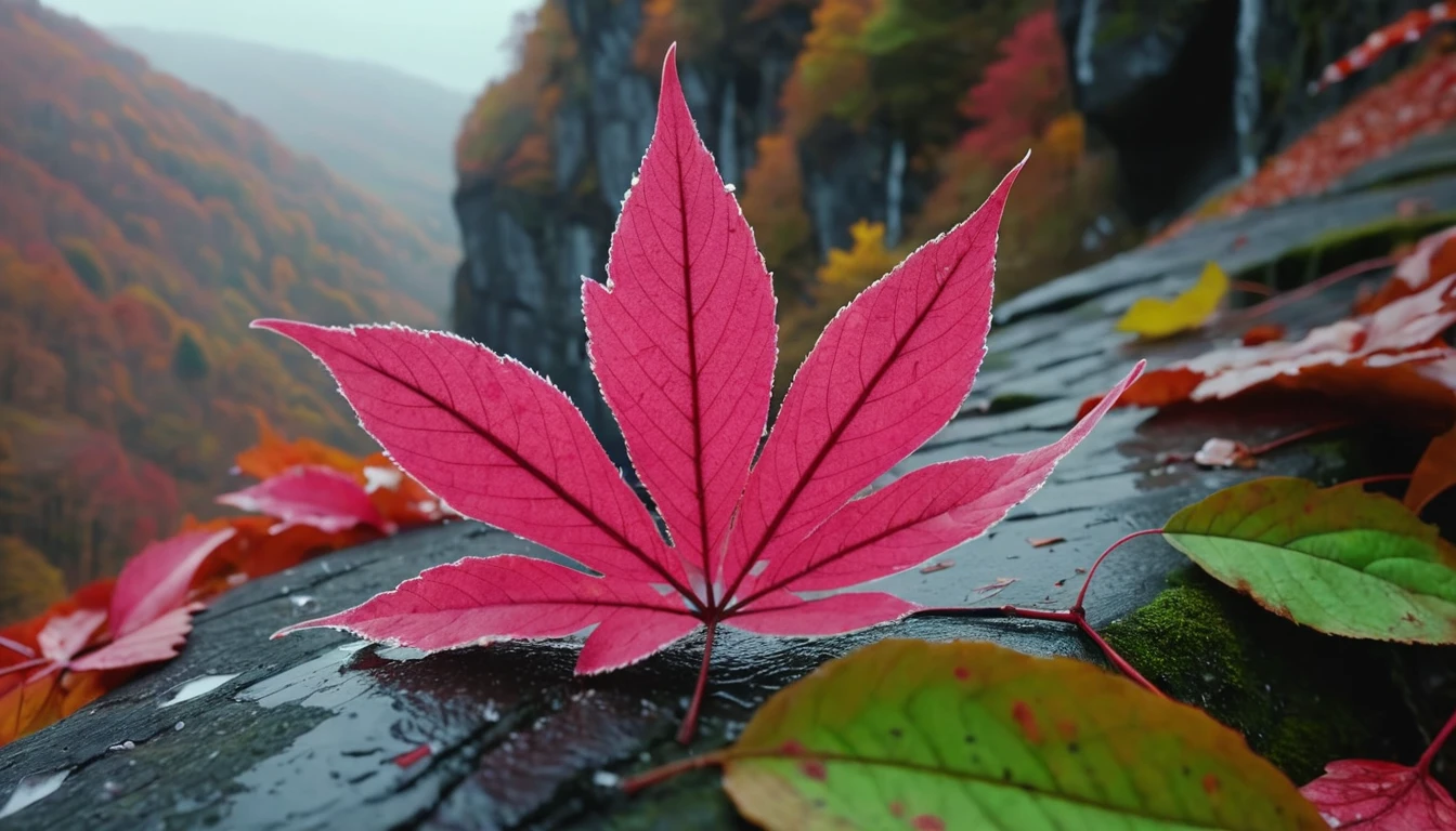 (deep pink gradation leaves),(square leaf), (half withered),(on the cliff),magical round leaves leaves falling, snow is falling thinly,nature documentry footage, youtube video screenshot, today's featured photography 4k, autumn rain turkel, nature photography 4k, november, cinematic widescreen shot, leaves and magic, high quality screenshot, 2 0 2 1 cinematic 4 k framegrab, wide screenshot