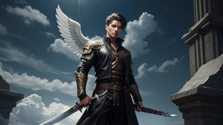 help me create an image of a male angel with a sword in his hand