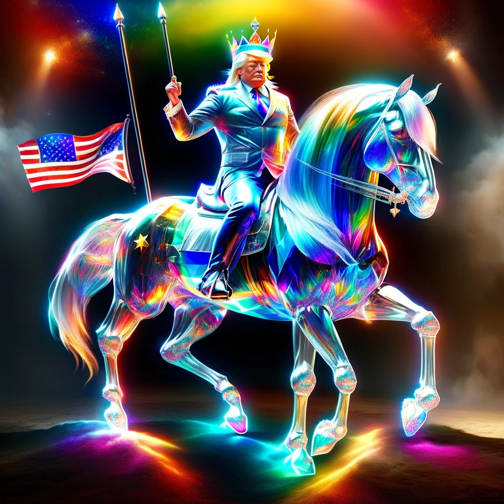 hyper detailed masterpiece, dynamic realistic digital art, incredible quality, doradas, Donald Trump, sitting on horse wearing a crown holding the flag of the United States DonMSp3ctr4lXL