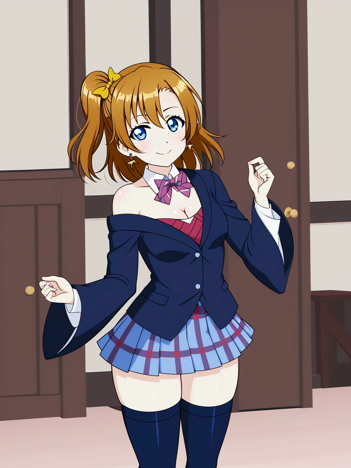 (Masterpiece, Best Quality, High Quality), professional artwork, well drawn, Intricate Details,solo,in village 
Kousaka honoka, afternoon
, ultra detail hair, ultra detail face, perfect eyes,  earring,  Looking at Viewer, pink clothes , off shoulder kimono, cleavage, thighhighs, (thighs), thighs gap,dark orange hair , standing 