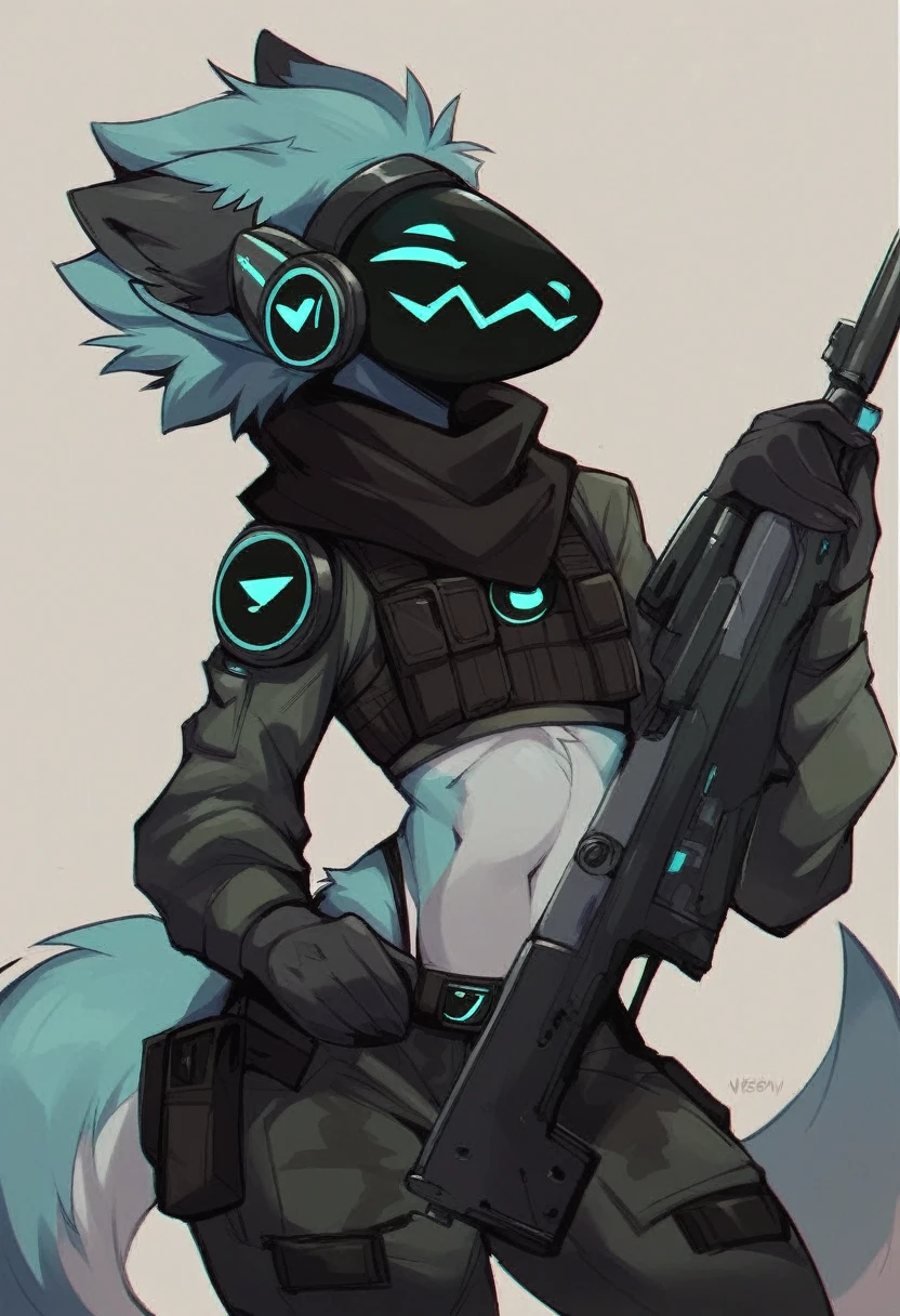 score_9, score_8_up, score_7_up, score_6_up, score_5_up, score_4_up, score_9, score_9, (nsfw), femboy protogen, protogen face, fit girly try body, perfect anatomy, closed eyes, smiling, wearing a black tactical crop top, wearing a black tactical belt, black camo thigh highs, black scarf covering neck, holding a long rifle, in a futuristic city, nighttime, dark, high detail fur,