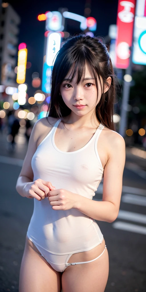 One girl, Tokyo Street,night, Cityscape,City lights,Upper Body,close,smile,, (8k, RAW Photos, Highest quality, masterpiece:1.2),(Realistic, photo-Realistic:1.37),