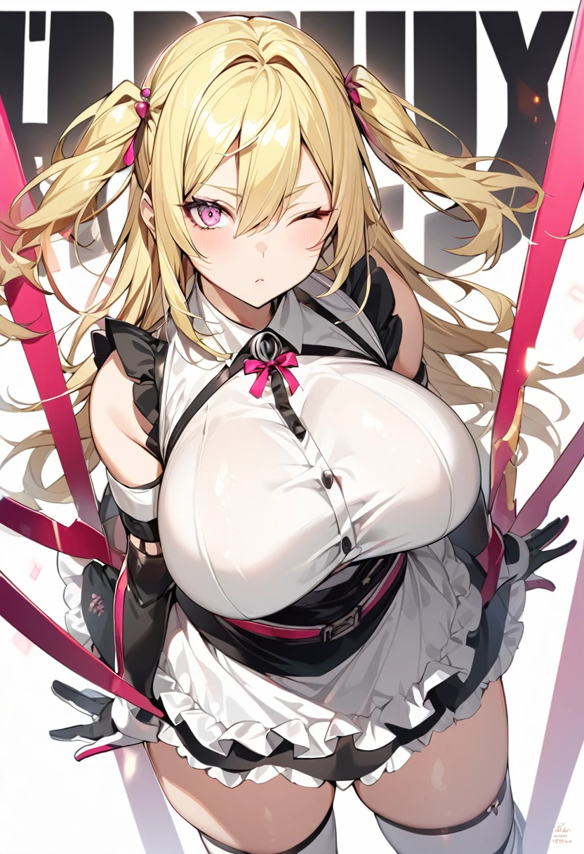 (One girl)、(medium length hair)、(sidelock)、(yellow hair)、(slan eyes)、（boyish）、cute、(Big super breasts)、((Chubby))、Maid、No sleeve、mini skirt、White sleeveless、thigh-high socks thighhighs、(long gloves)、hairs between eyes、(coarse hair)、[flipped hair]、pink eye、expressionless、one eye closed、arm behind back、two side up、high resolution、White Background、