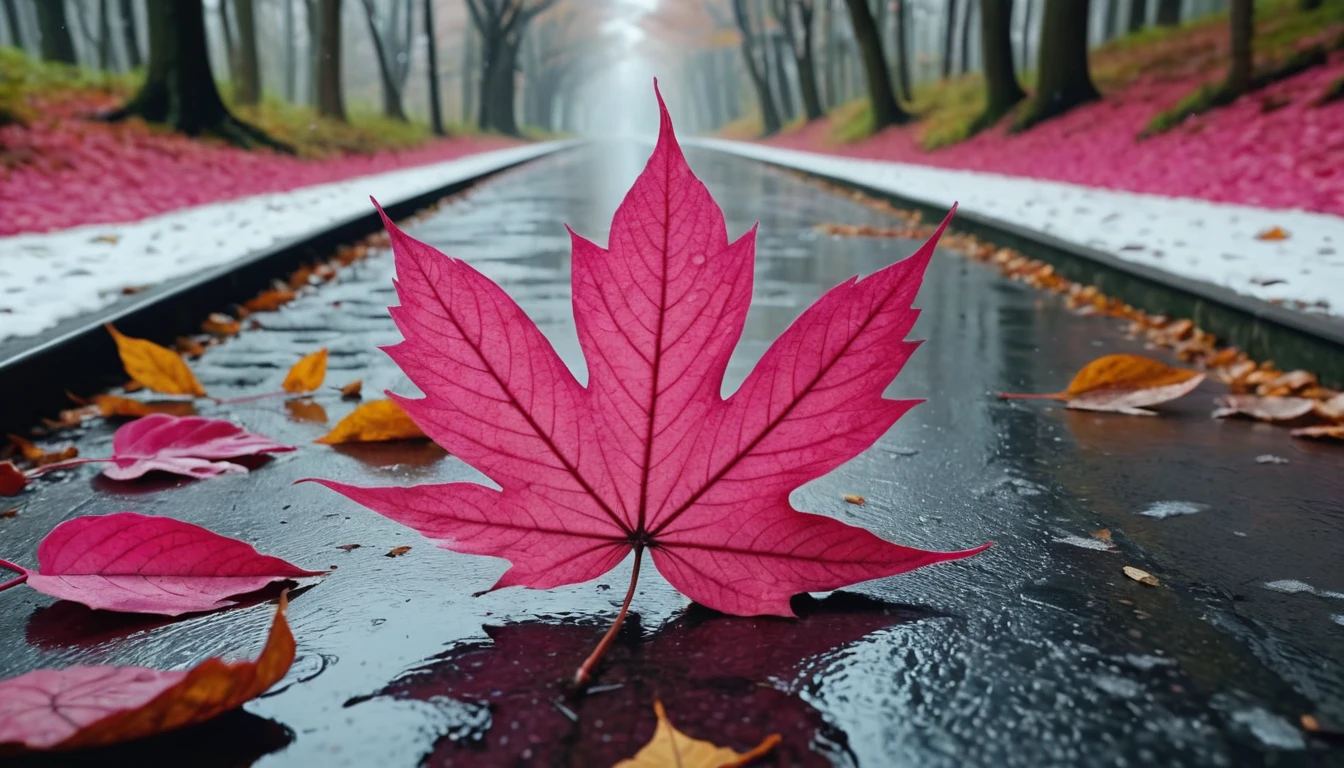 (deep pink gradation leaves),(winter leaves), (half withered),(inside the tunnel),magical round leaves leaves falling, snow is falling thinly,nature documentry footage, youtube video screenshot, today's featured photography 4k, autumn rain turkel, nature photography 4k, november, cinematic widescreen shot, leaves and magic, high quality screenshot, 2 0 2 1 cinematic 4 k framegrab, wide screenshot