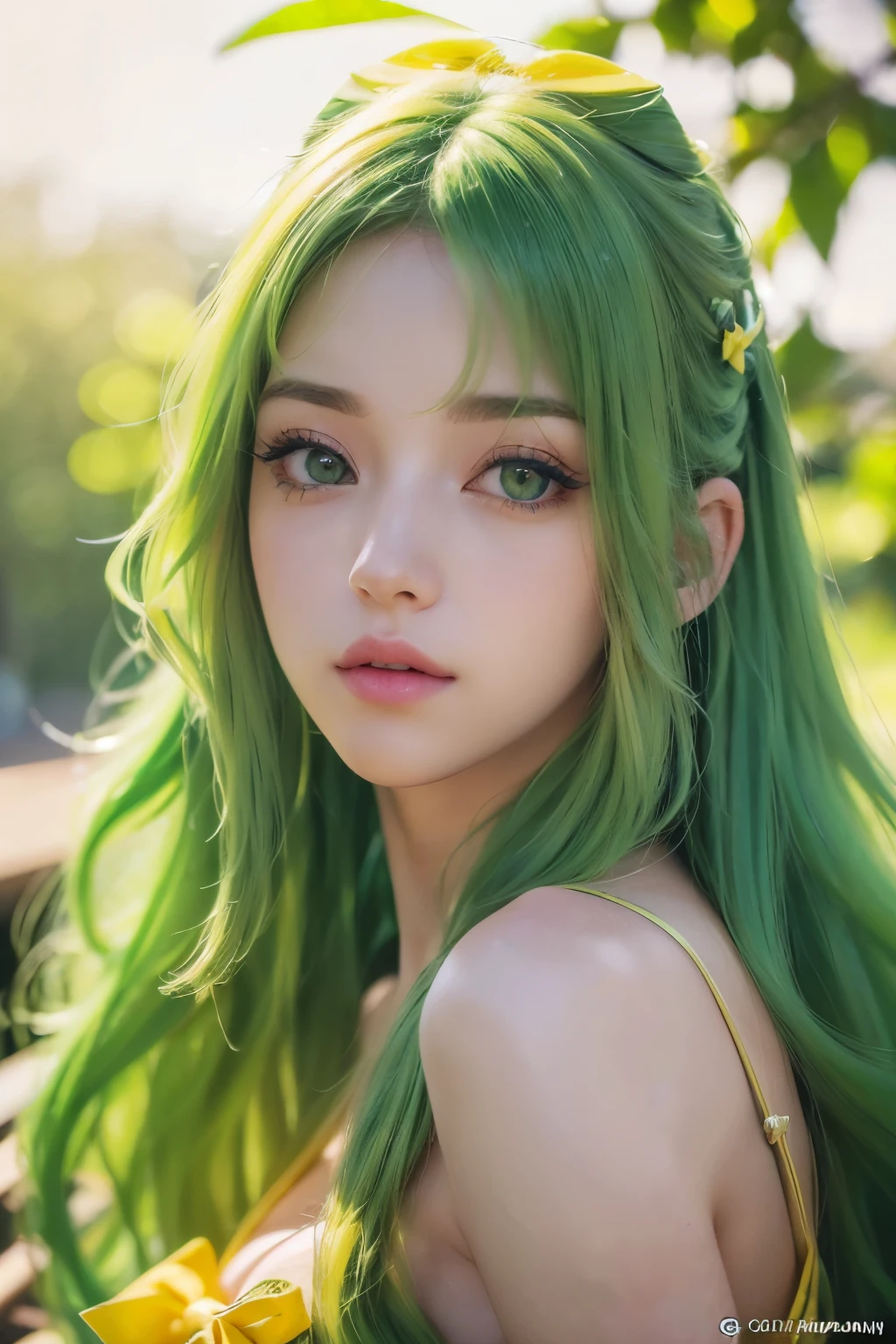 (1girl, beautiful detailed eyes, beautiful detailed lips, extremely detailed eyes and face, long eyelashes, green eyes, green hair, yellow hair, ombre hair, curly hair,yellow banana shaped hair bow, anime, (best quality,4k,8k,highres,masterpiece:1.2),ultra-detailed,(realistic,photorealistic,photo-realistic:1.37), vivid colors)