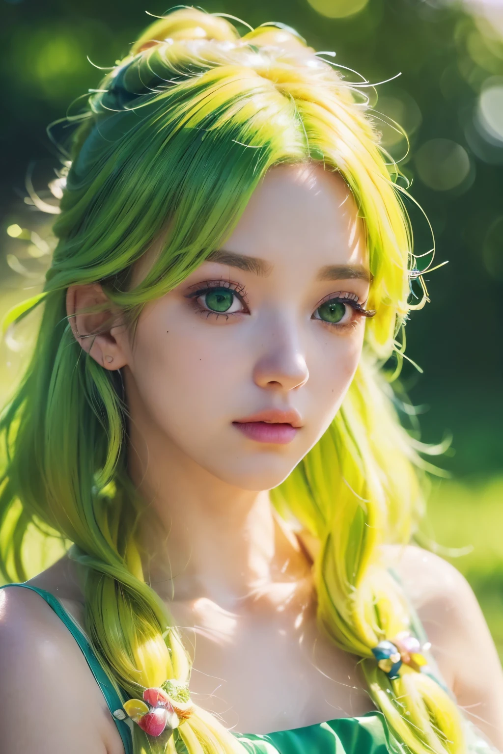 (1girl, beautiful detailed eyes, beautiful detailed lips, extremely detailed eyes and face, long eyelashes, green eyes, green hair, yellow hair, ombre hair, curly hair,yellow banana shaped hair bow, anime, (best quality,4k,8k,highres,masterpiece:1.2),ultra-detailed,(realistic,photorealistic,photo-realistic:1.37), vivid colors)