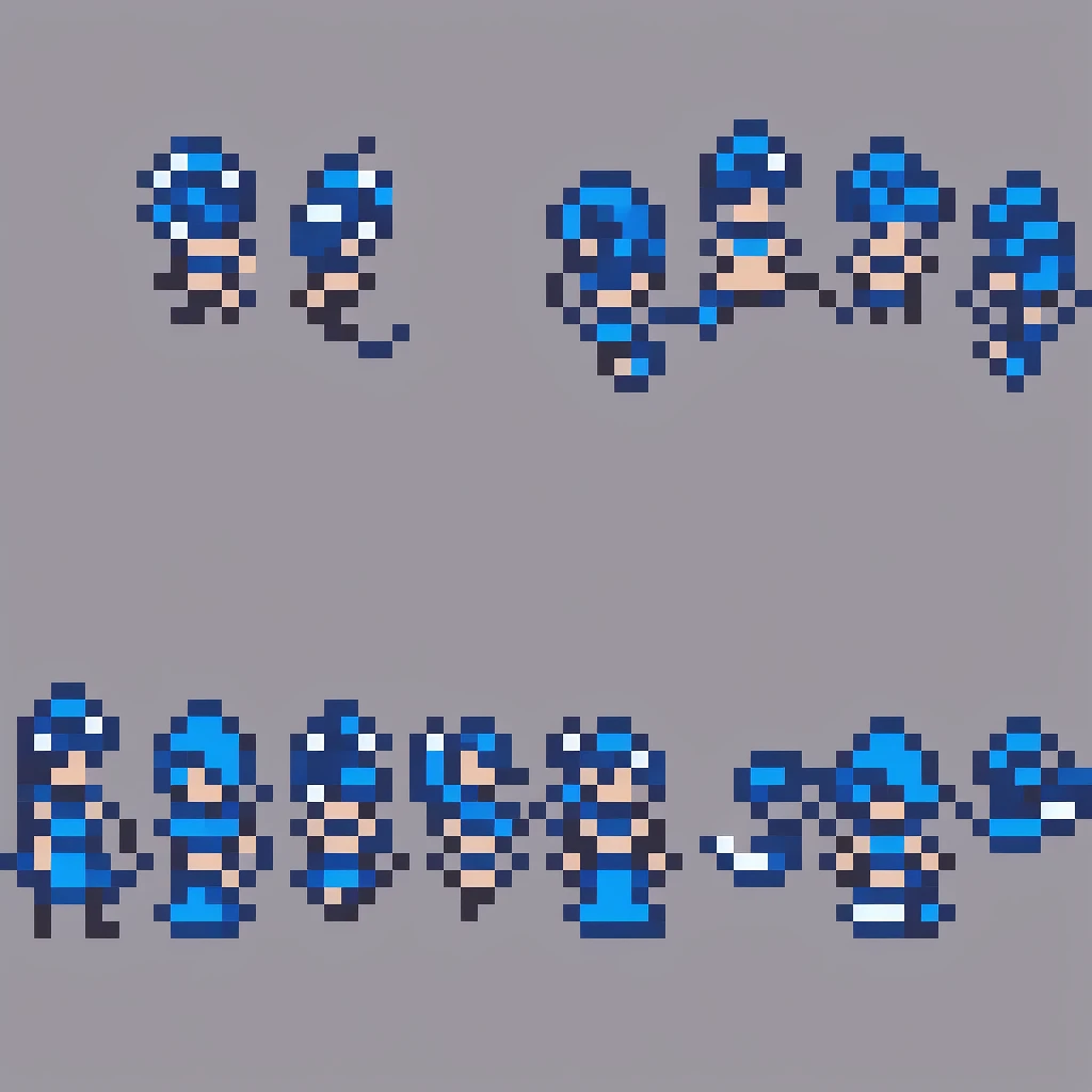 Cute curvy woman with bright blue eyes and 50 on long deep blue hair, high quality 4k, pixel art, digital art 