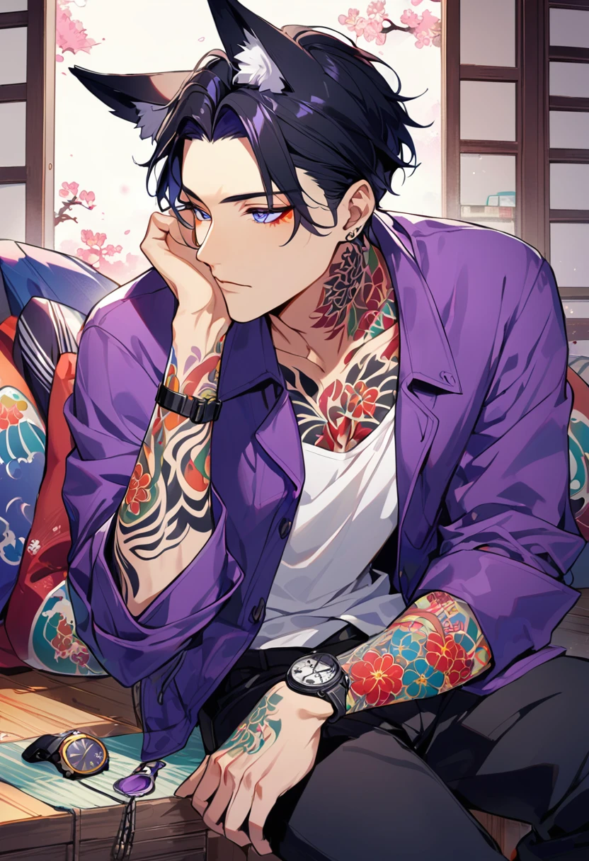 1man, short black hair, fox ears, bright blueviolet eyes, wearing a purple casual jacket, wearing a white undershirt, wearing black pants, wearing a vintage blueviolet watch, japanese style tattoos, colorfull tattoos, tattoos all over the arms, resting head with hand