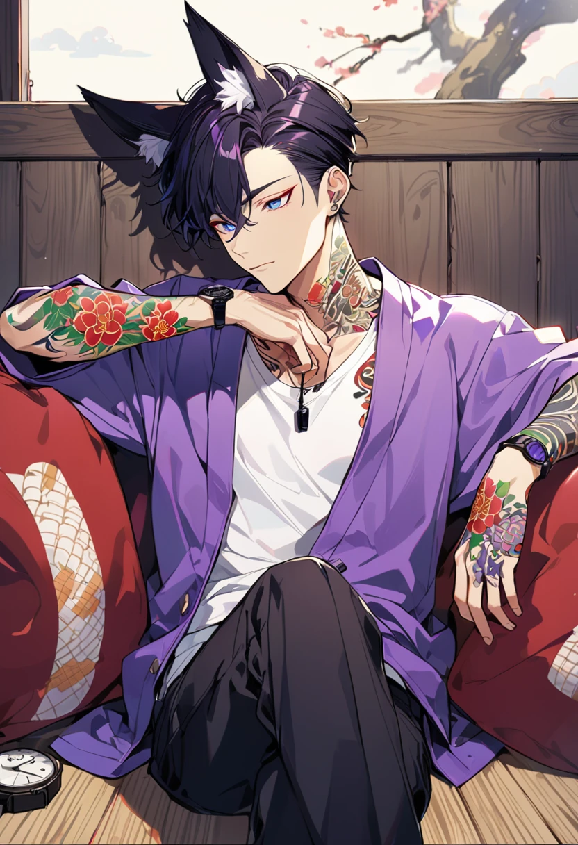 1man, short black hair, fox ears, bright blueviolet eyes, wearing a purple casual jacket, wearing a white undershirt, wearing black pants, wearing a vintage blueviolet watch, japanese style tattoos, colorfull tattoos, tattoos all over the arms, resting head with hand