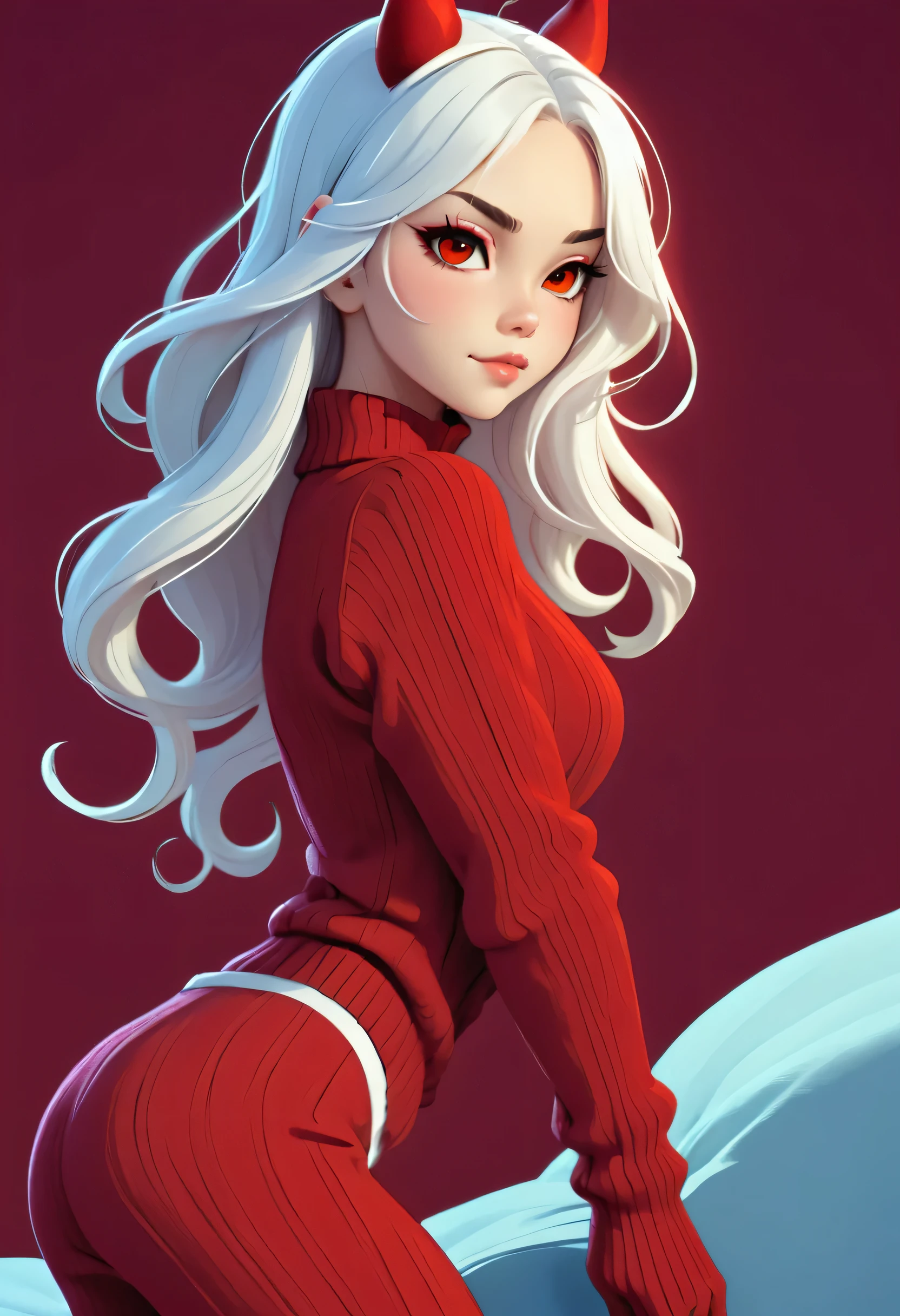 detailed illustration, (front view), (side view),dynamic angle, ultra-detailed, illustration, clean line art, shading, anime, detailed eyes, detailed face, beautiful face, dramatic lighting, detailed illustration, dynamic angle, ultra-detailed, illustration, masterpiece, masterwork, beautiful,

Succubus woman, young, timid, wearing an oversized sweater, (red skin:2.0), round wire frame glasses, knitted ribbed sweater, sleeves too long, sweater goes down to knees, sitting on her knees, hands between her legs, long demon tail, pointy red ears, yellow cat eyes, long white hair, smiling, large breasts squeezed together, BBW, lots of junk in her trunk, ginormous ass, humongous hips, thicc thighs, sitting in a bed, eating bonbons, knee high socks,