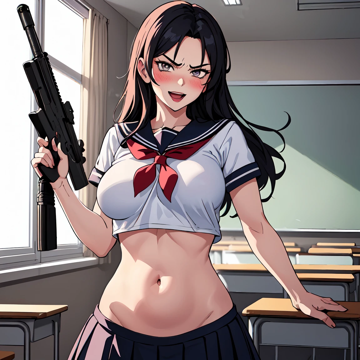 2girl, two girls, (shoujo-style), ((detailed hair, detailed eyelashes, banganhwa-scenery, blush, large breasts, long hair, , ((perfect face)), (Mature Face:1.4), (beautiful face:1.15), detailed eyeasterpiece), (highest quality), best quality, highres, 8K, extremely detailed, Digital Art, (Hyper-Detailed Background:1.2), (realistic background), (intricate details), award-winning, hyper-detailed, (illustration:1.1),
(cinematic lighting), soft lighting, lipstick, blush, Hot girls, baddie, staring, glaring, bad attitude, mean girl, dare, angry, hate, crazy, smoking, sensual, attractive, masterpiece, best quality, highly detailed, a anime girls in sailor uniforms with a gun posing for a picture,
evil smile, smile, open mouth,black_serafuku, ecchi anime style, anime girls , (nsfw) not safe for work,
ecchi style, ecchi, shipgirls, digital anime art!!, high school girls, holding a gun, hold a gun, anime style 4
k, micro skirt, exposed belly, exposed navel, exposed midriff, holding pistol,
exposed lower belly,school, classroom,