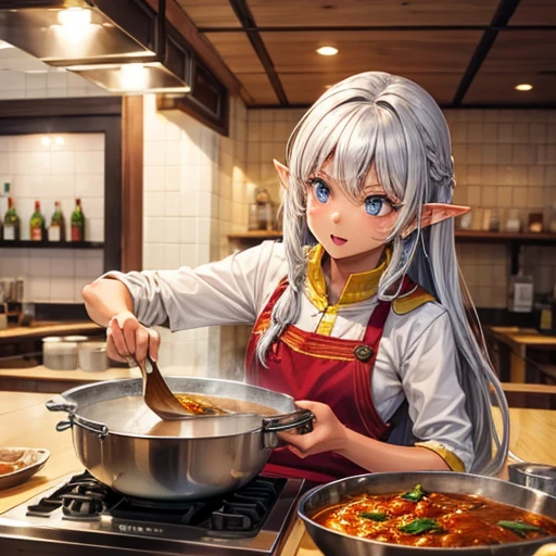 Making curry at a fantasy curry restaurant　Brown skinned elf　Silver Hair