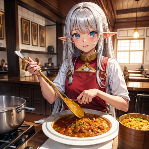 Making curry at a curry restaurant　A brown-skinned elf with long silver hair　