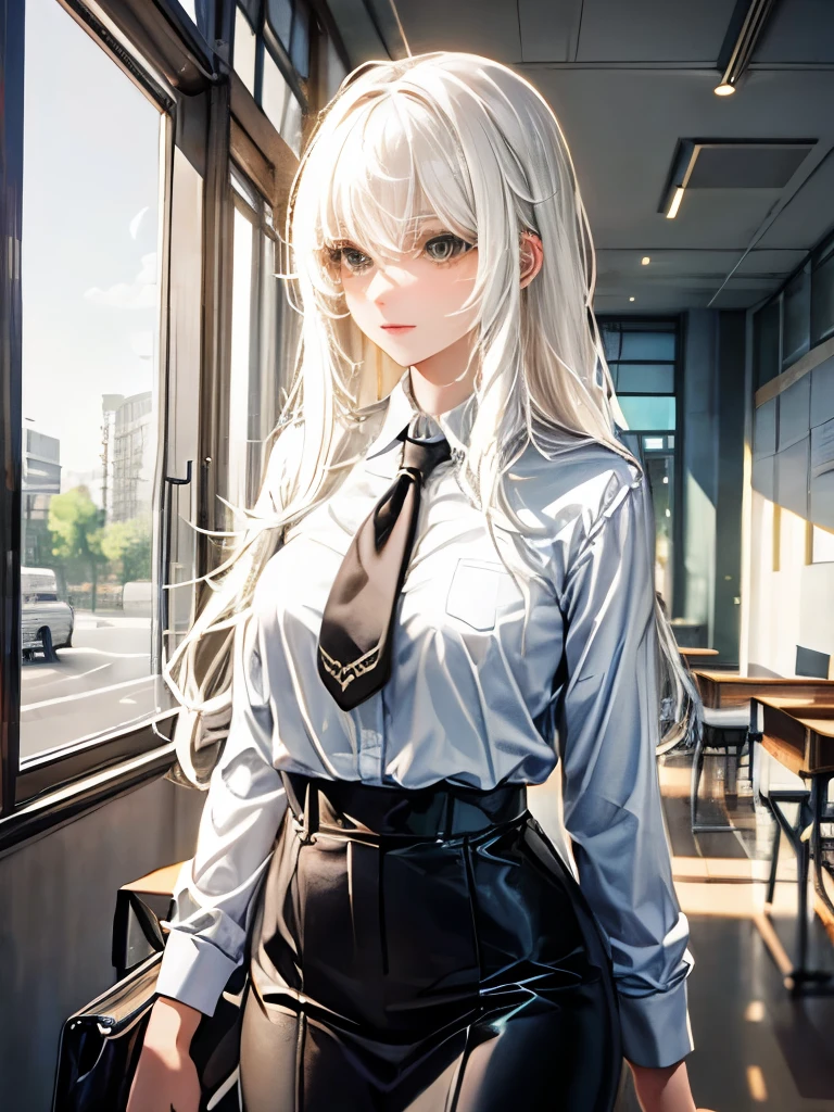 A tall, beautiful woman with white hair at school