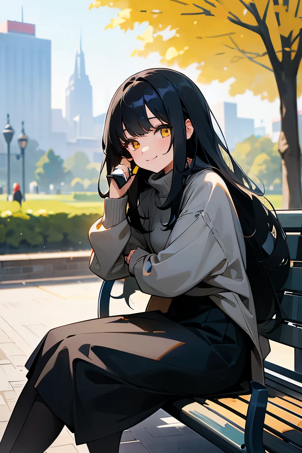 A girl, with long black hair, yellow eyes, wearing black sweater, wearing gray skirt, with sweet smile on her face, posing sitting on the park bench and holding handphone, background is city park in the morning and busy people on the background, HD picture, good AI art, NO BLUR PICTURE.