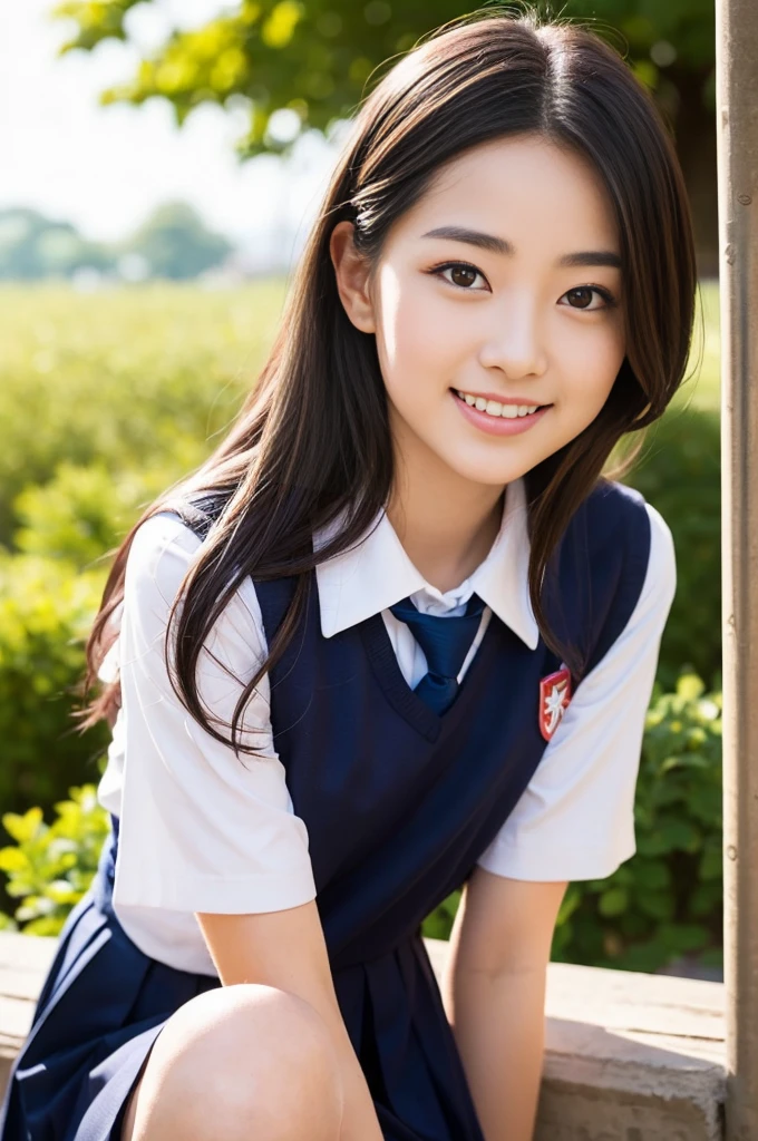 Pure young Japanese school girl, wearing summer uniforms, natural black hair styles, impressive big brown eyes, no makeup, thick eyebrows, pure smile, refreshing in summer sunlight, feeling soft breeze in hair, sitting, relaxed pose, sexual attractive, professional portrait photography, 