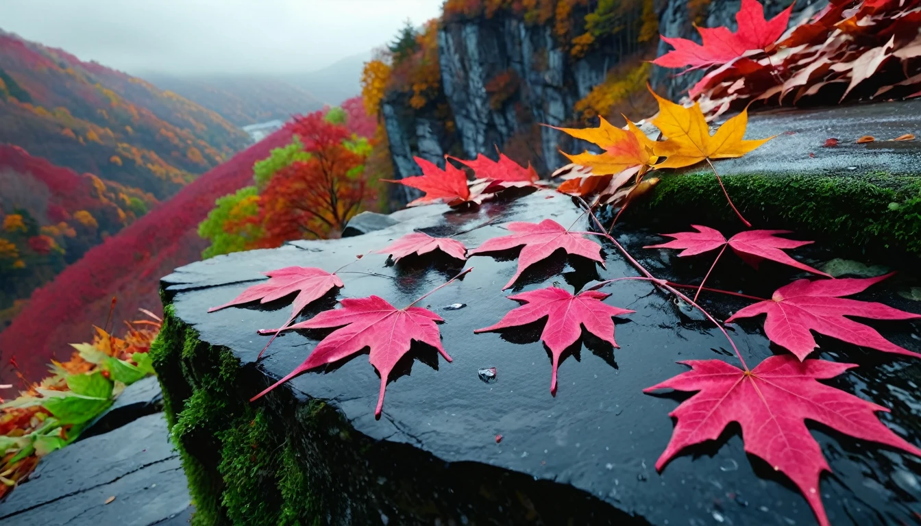(deep pink gradation leaves),(winter leaves), (half withered),(on the cliff),magical round leaves leaves falling, snow is falling thinly,nature documentry footage, youtube video screenshot, today's featured photography 4k, autumn rain turkel, nature photography 4k, november, cinematic widescreen shot, leaves and magic, high quality screenshot, 2 0 2 1 cinematic 4 k framegrab, wide screenshot, A world where light doesn't reach