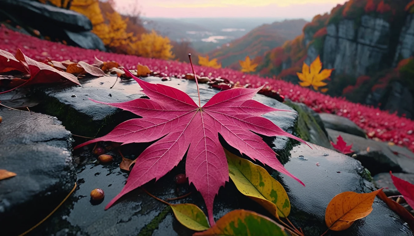 (deep pink gradation leaves),(winter leaves), (half withered),(on the cliff),magical round leaves leaves falling, snow is falling thinly,nature documentry footage, youtube video screenshot, today's featured photography 4k, autumn rain turkel, nature photography 4k, november, cinematic widescreen shot, leaves and magic, high quality screenshot, 2 0 2 1 cinematic 4 k framegrab, wide screenshot, A world where light doesn't reach