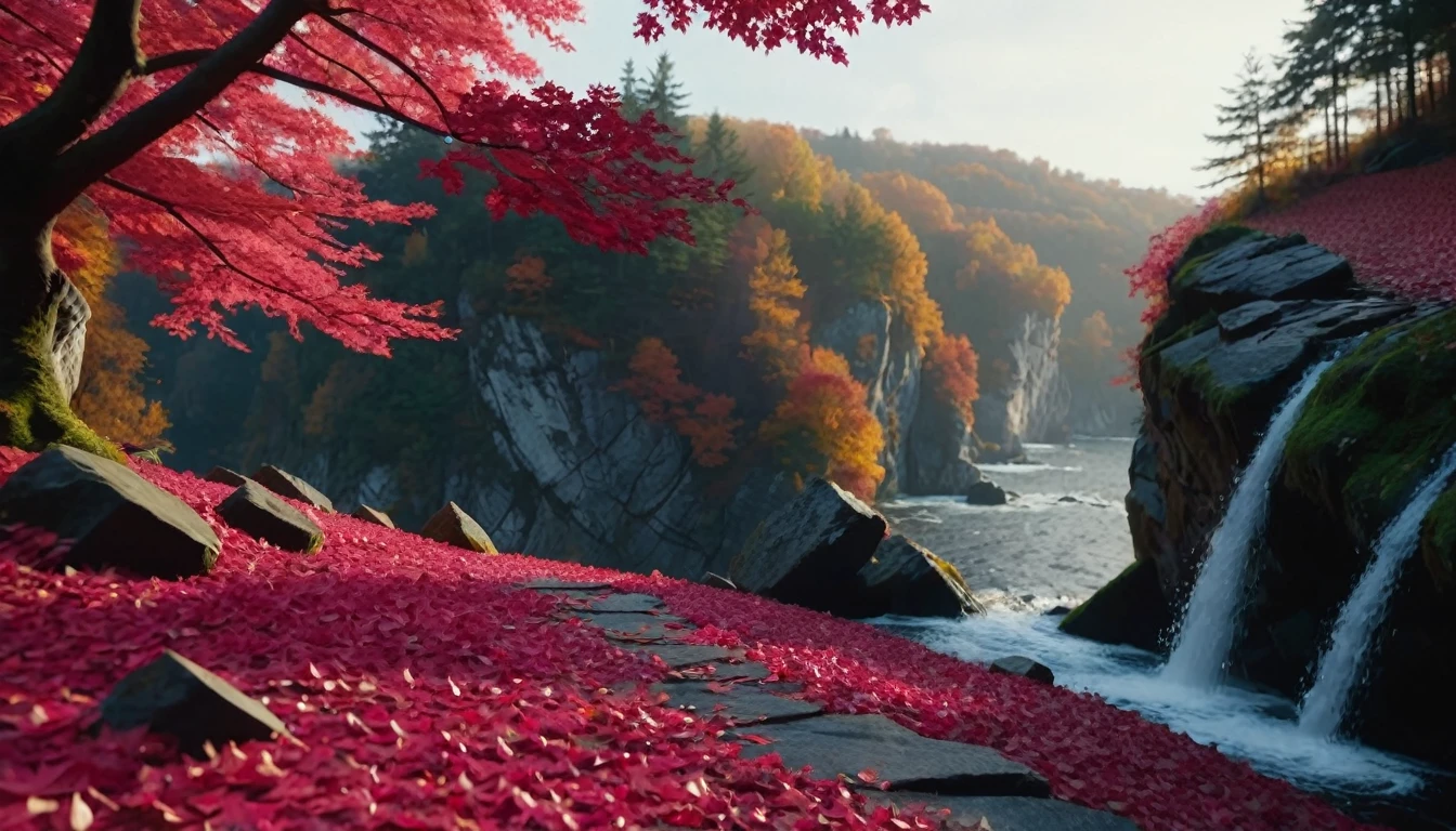 (deep pink gradation leaves),(winter leaves), (half withered),(on the cliff),magical round leaves leaves falling, snow is falling thinly,nature documentry footage, youtube video screenshot, today's featured photography 4k, autumn rain turkel, nature photography 4k, november, cinematic widescreen shot, leaves and magic, high quality screenshot, 2 0 2 1 cinematic 4 k framegrab, wide screenshot, A world where light doesn't reach