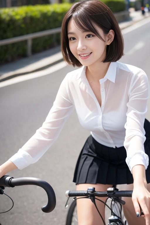 (RAW Photos), (Realistic), (masterpiece), (Highest quality), High resolution, 8k resolution, (Exquisite detail), (Volumetric Light),  woman, Age 35, short hair, Straight hair, Brown haired, Very thin, Very white and clear skin,Highly detailed eyes, Source Sequence, Very thin eyebrows, eyelash,Ultimate beauty,Cute like an idol, smile,  (An elegant and transparent white tight shirt), Sit in the saddle,Mid-chest,Beautiful Japanese office lady, White blouse，Ultra-mini pleated skirt, Lace pantyhose, Random Color, Cute Face, Real Light, Correct Anatomy, Bicycle riding 1.4、City Cycle, Moving bicycle,  Very low saddle, Sit in the saddle,pedalをこぐ,Hold the handlebars with both hands,Look straight ahead,womanは視聴者を見ていない, pedal, From below1.4、(((Low angle 1.4))), In the city, There is a strong headwind, I flipped up my skirt, (((Her white lace panties are visible))), Beautiful long legs, (((かなりFrom below1.4))), Thin thighs, From below見上げる視聴者,From below,From below,(((Low angle full body shot, From belowの角度, focus on the saddle, Zoom from ground level,From a dog&#39;s eye level))), womanは前傾姿勢ではない, Not a car, From the back, 視聴者はFrom belowwomanの股間を見上げる