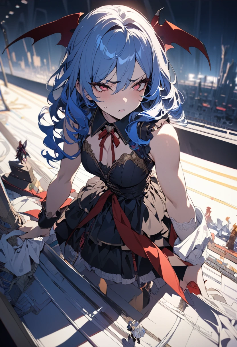 (masterpiece:1.4), (Highest quality:1.4), Very detailed, Complex, Super detailed, figure,Soft lighting, Scenic, One girl, Disgust, Navy Blue Hair, colorful, Colorized, from_On top of that ,vampire_Costumes , Runway 