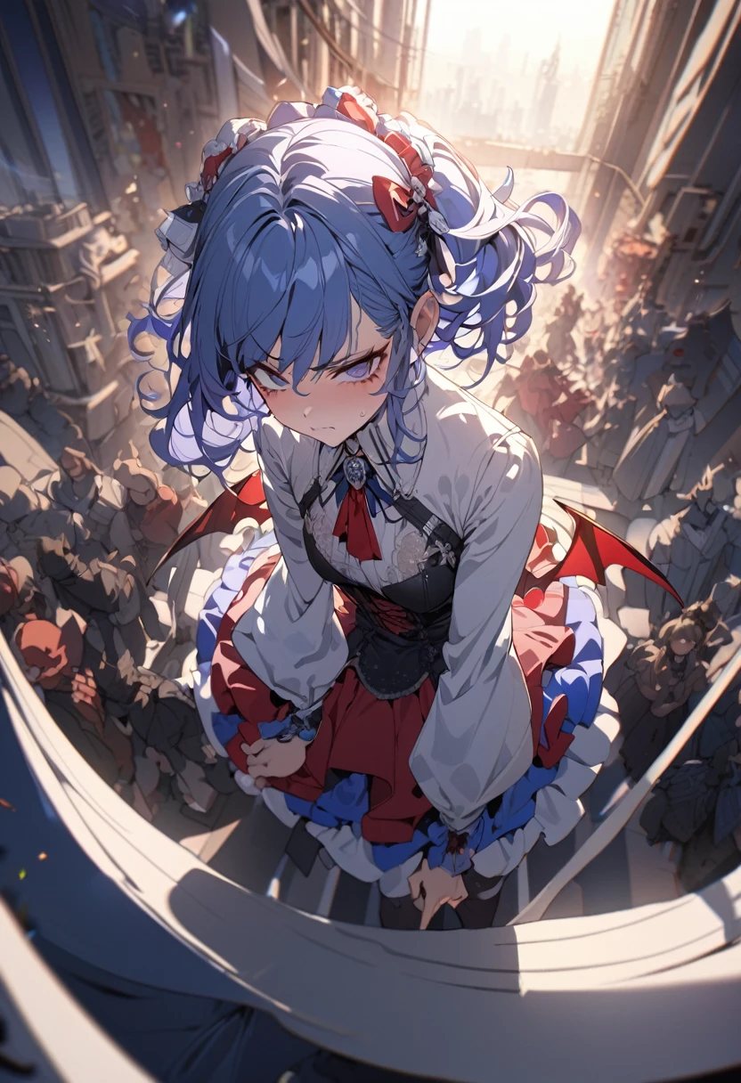 (masterpiece:1.4), (Highest quality:1.4), Very detailed, Complex, Super detailed, figure,Soft lighting, Scenic, One girl, Disgust, Navy Blue Hair, colorful, Colorized, from_On top of that ,vampire_Costumes , Runway 