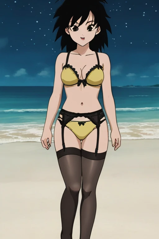 source_anime, score_9,score_8_up, score_7_up, ginedb, anime screencap, 1girl, solo, looking at viewer, smile, medium breasts, black hair, ocean, medium breasts, smile, standing, blue night sky, night, stars, underwear, yellow top, yellow panty, lengerie, lingerie, mesh stockings, transparent tights