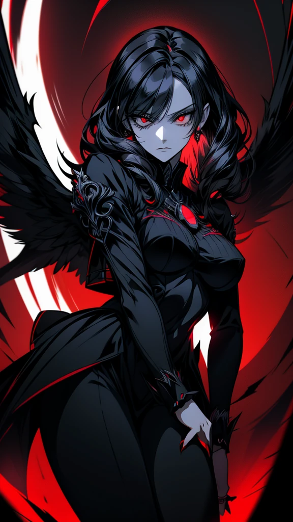 anime, Black and White, Red eyes, Black wings, Black Dress, Black wings, Black wings, Black wings, Black wings, Black wings, Black wings, gothic maiden anime girl, with glowing Red eyes, luminous Red eyes, With eyes that glow red, She has white eyes!!!, black anime pupils in her eyes, demon anime girl, glowing Red eyes