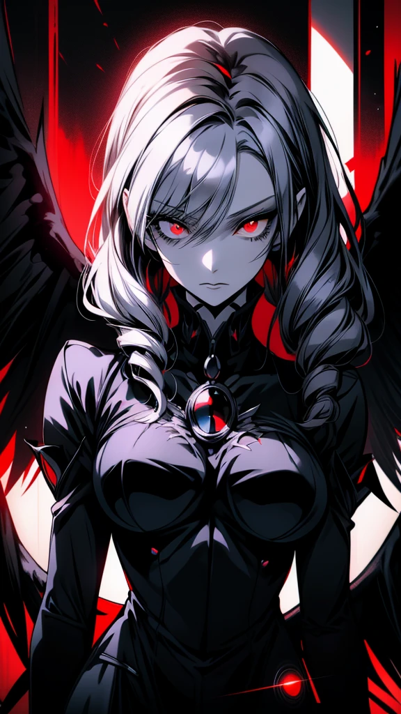 anime, Black and White, Red eyes, Black wings, Black Dress, Black wings, Black wings, Black wings, Black wings, Black wings, Black wings, gothic maiden anime girl, with glowing Red eyes, luminous Red eyes, With eyes that glow red, She has white eyes!!!, black anime pupils in her eyes, demon anime girl, glowing Red eyes