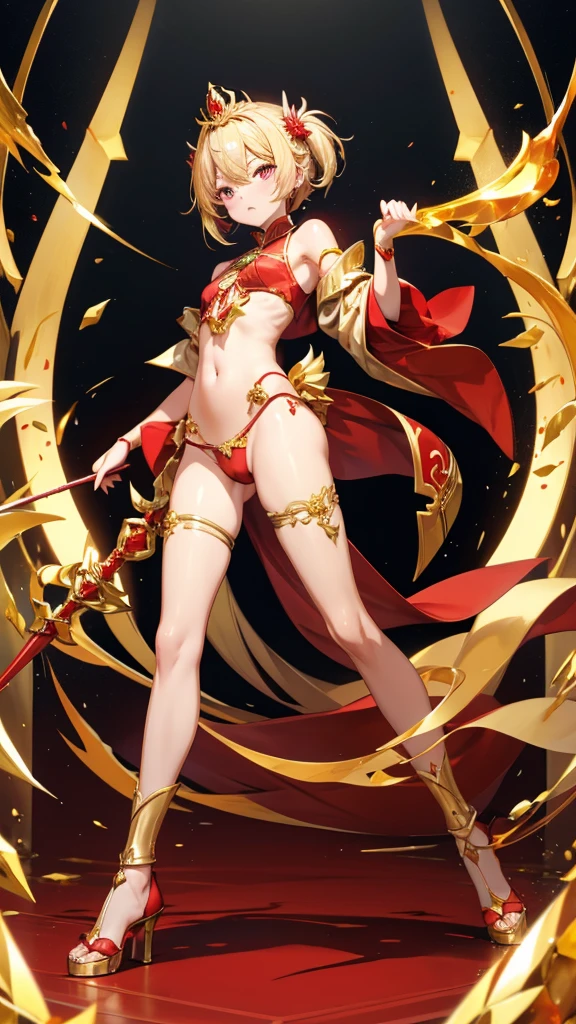 Blonde flat chest,gold gemstone crown,red手爪,red龍尾,red,thong,Thin legs,red鐵靴子