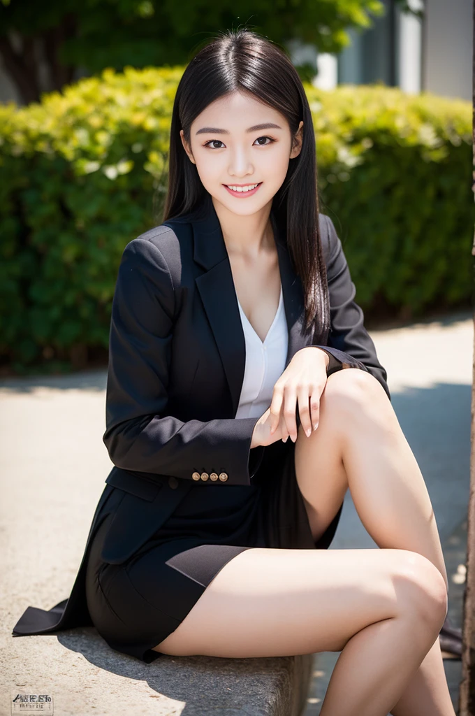 Pure Japanese young girl, outstanding body, beautiful legs, wearing formal jackets and blouse and skirts, high heels, vivid makeup and lips, thick eyebrows, formal black hair styles, sweet smile, sexual attractive, professional portrait photography, sitting in summer sunlight, 