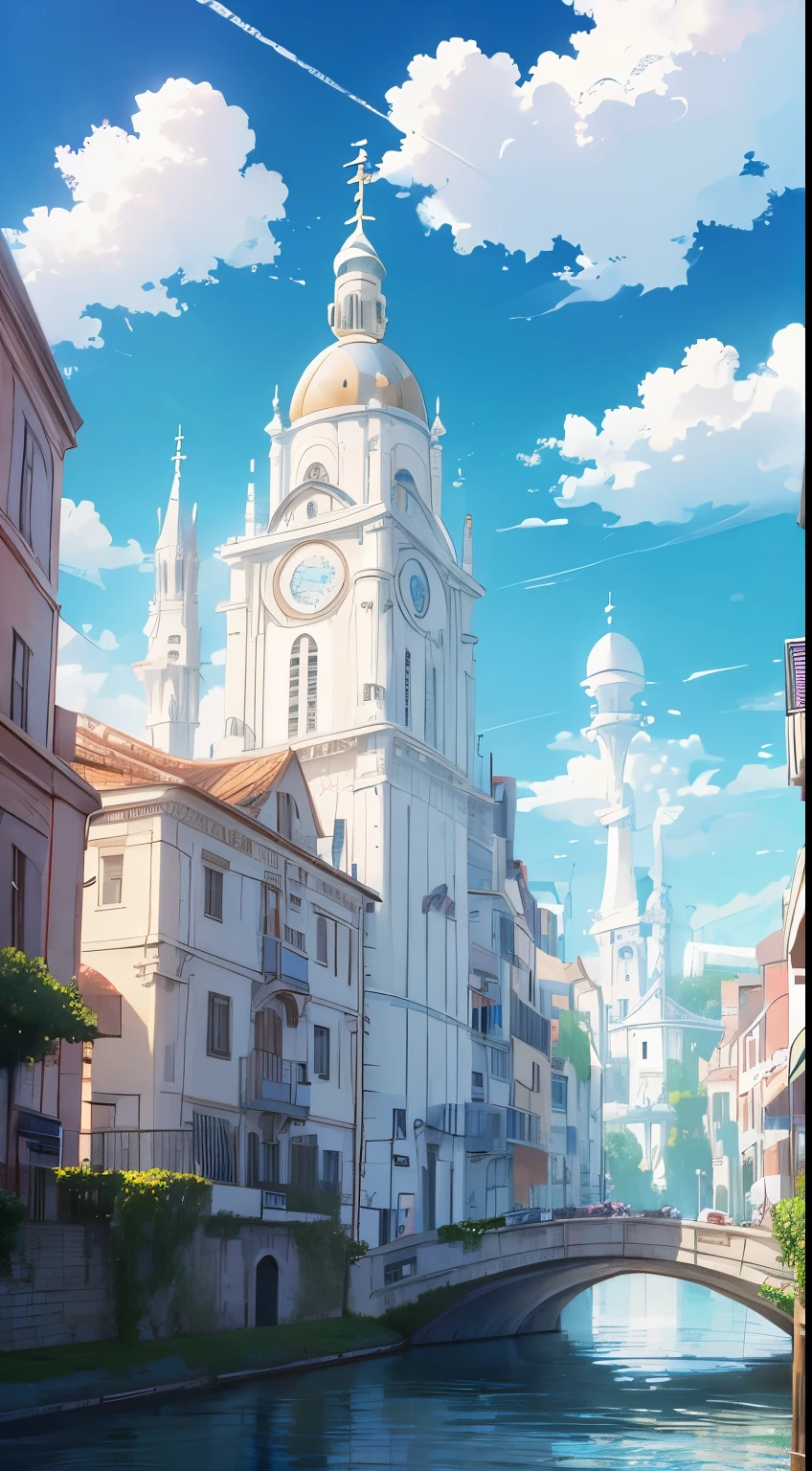 Aria the animation, gondola , Vanis, wallpaper, white building background, blue water , white clouds in the background, fantasy style , pastel colors ,vivid