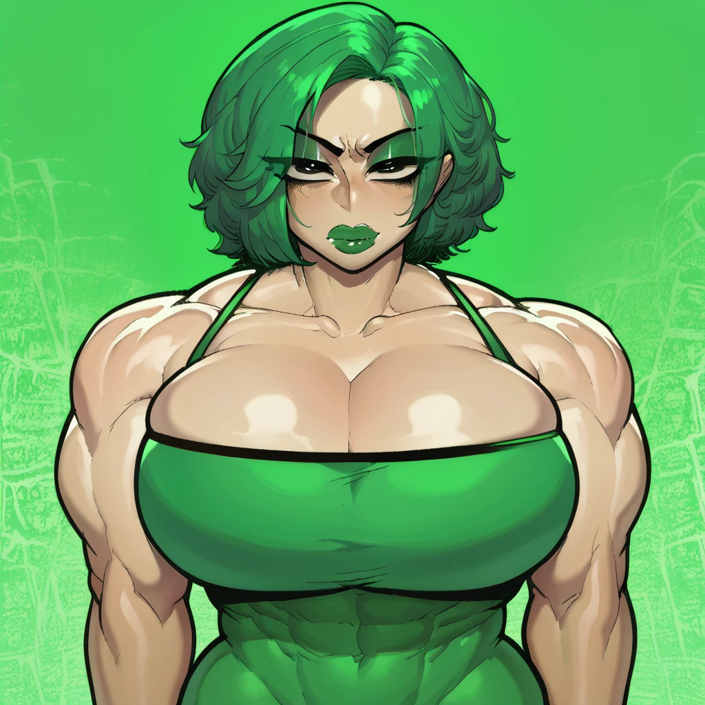 score_9, score_8_up, score_7_up, score_6_up, score_5_up, score_4_up, BREAK 1girl, ((muscular body:1)), intricate, (eyeliner:1.2), looking at viewer, green hair, intricate detailed background,huge breasts (masterpiece, high quality:1)
